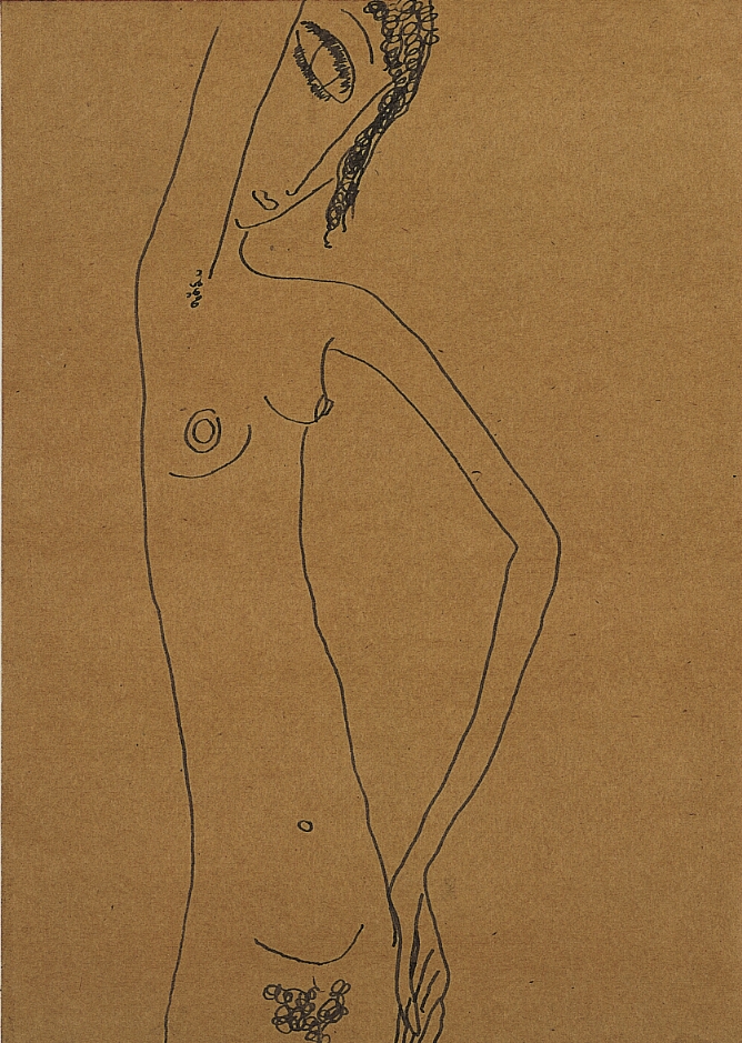A black and white drawing of a standing nude woman, with an elongated torso, shown from the hips up