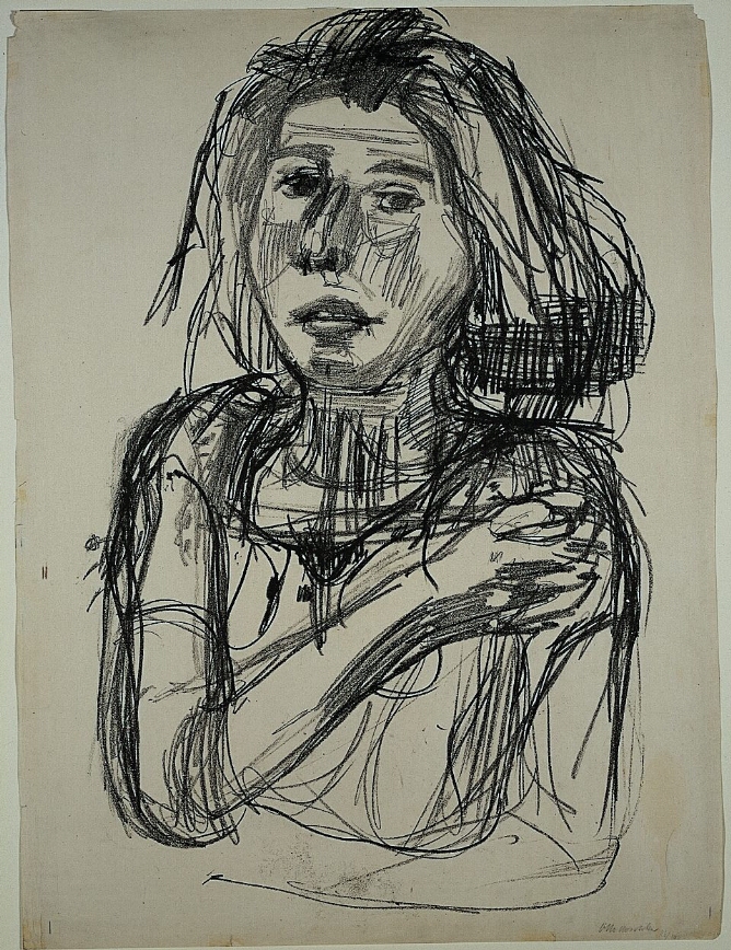 A black and white print featuring a sketch of a woman with shoulder-length hair shown from the chest up. Her right arm crosses her chest and touches her left arm