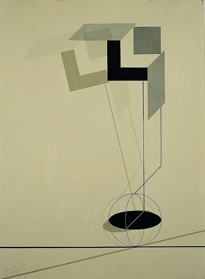 An abstract print of a sphere atop intersecting lines with opaque and transparent gray squares, and black and gray L-shaped forms balancing on vertical lines connecting to the sphere