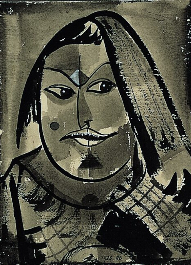 A mixed media drawing of a man, shown from the chest up, looking to his left with raised eyebrows and a mole on his right cheek