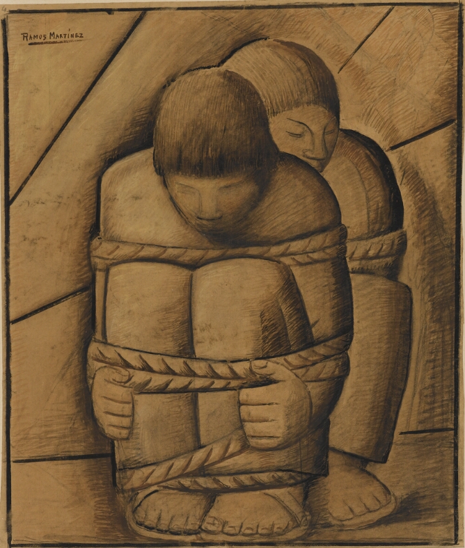 A mixed media drawing of two figures, one behind the other, sitting with knees to their chest and bound by rope