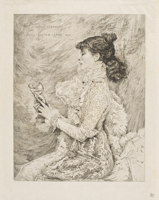 A black and white portrait of a woman sitting in profile wearing an ornate dress with a high ruffle collar, while holding a sculpture of a figure