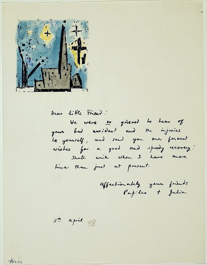A handwritten letter with a mixed media abstract print in the top left corner of a gray church against a blue sky with black stars highlighted with yellow