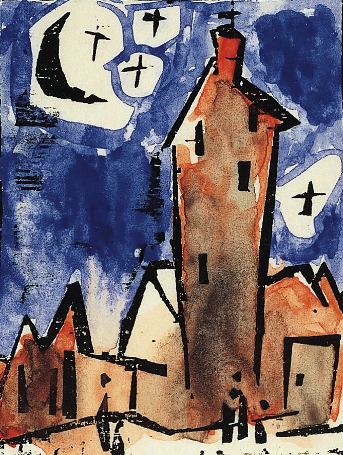 A mixed media abstract print of a tall brown building outlined in black with a cross on top among other brown buildings, against a dark blue sky with a black moon and stars