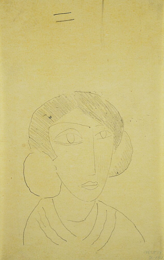 An abstract line drawing of a girl in three-quarter viewer, shown from the shoulders up, with a bun covering each ear