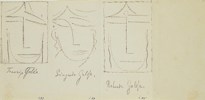 A black and white, abstract drawing of three faces in a row with minimal lines and closed eyes, and an inscription of their expressions under each face