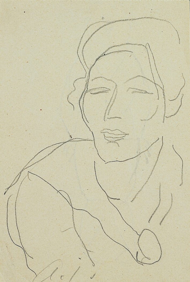 A black and white drawing of a woman with closed eyes shown from the chest up. In the lower left corner, an inscription of the artist's initials