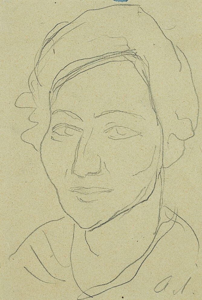 A black and white drawing of a woman shown from the shoulders up