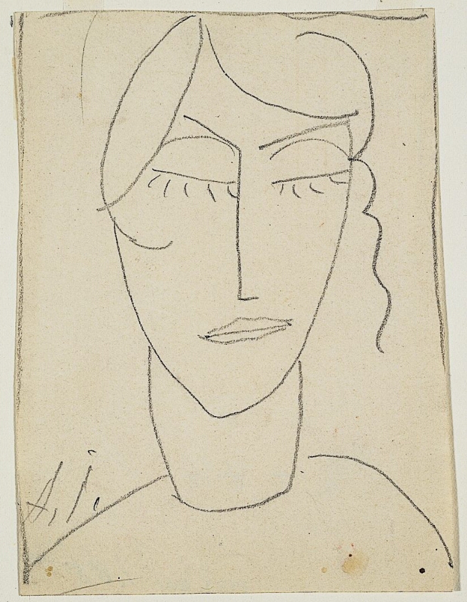 A black and white, abstract drawing of girl with eyes closed and prominent lashes, shown from the shoulders up