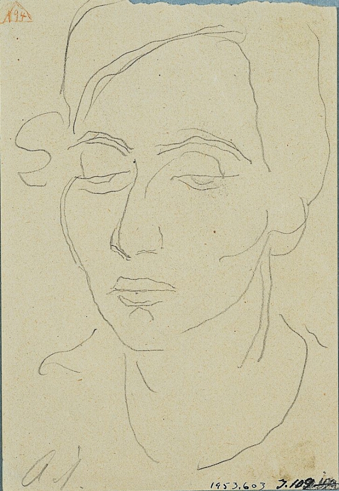 A black and white drawing of a woman with a lowered gaze, shown from the neck up