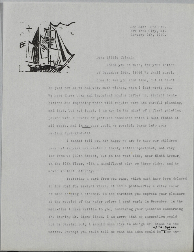 A typed letter with a black and white abstract print in the top left corner of a ship with multiple sails and a fluttering flag at the top