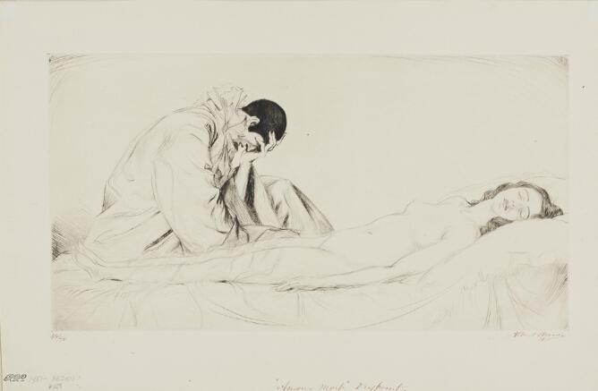 A black and white print of a man sitting with his head in his hand next to a nude woman lying in a bed with closed eyes