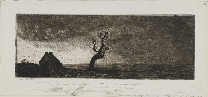 A black and white dark-toned print of a leaning bare tree near a house in a desolate landscape under a stormy sky