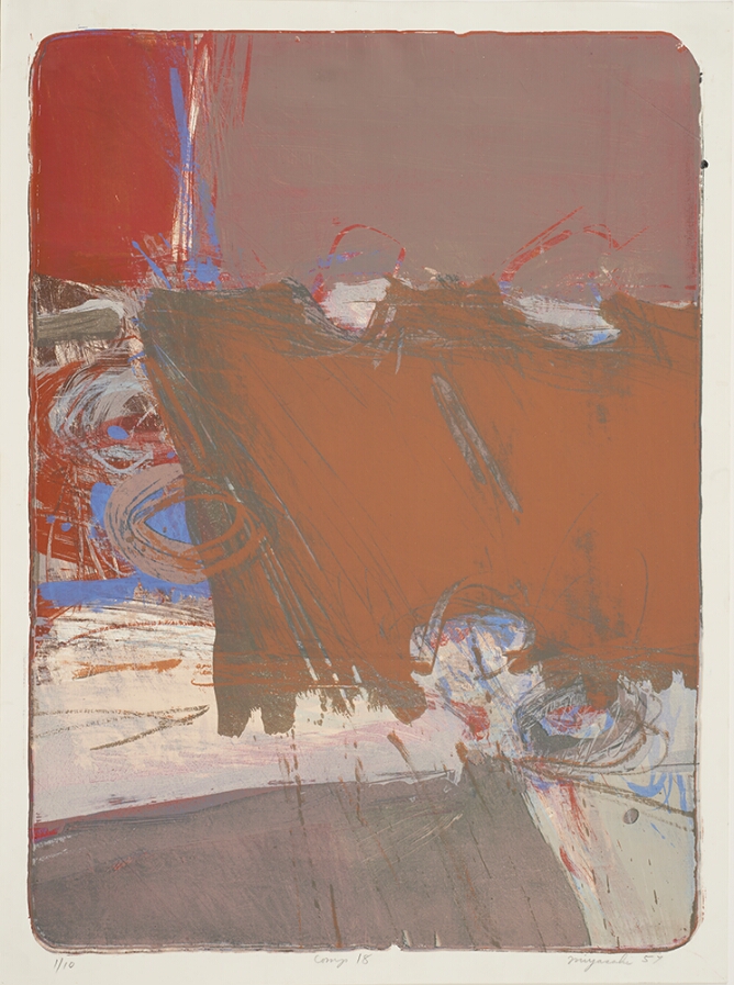 A color print of expressive planes of opaque orange, gray, white and blue layered over red
