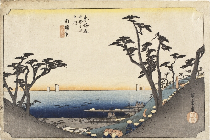 A color print of a procession of figures, viewed from the tops of their hats, walking down an unseen path that dips into the foreground between tree-topped hills that frame a beach and the sea