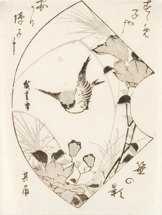 A black and white print of a bird flying between bellflowers within a sideways fan-shaped border