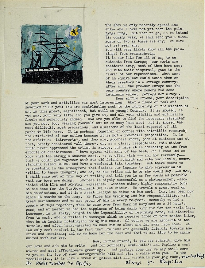 A typed letter with an abstract mixed media print pasted onto the top left corner, featuring a black and white three-masted ship against a blue sky with a black star highlighted in yellow