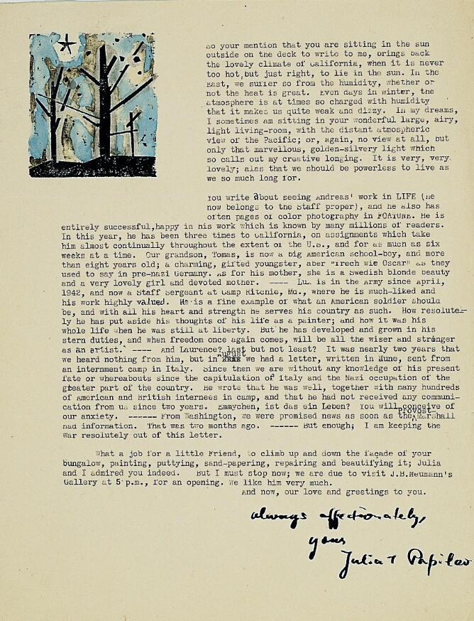 A typed letter with a handwritten closure. At the top left corner, an abstract mixed media print of black bare trees against a blue sky with a black star