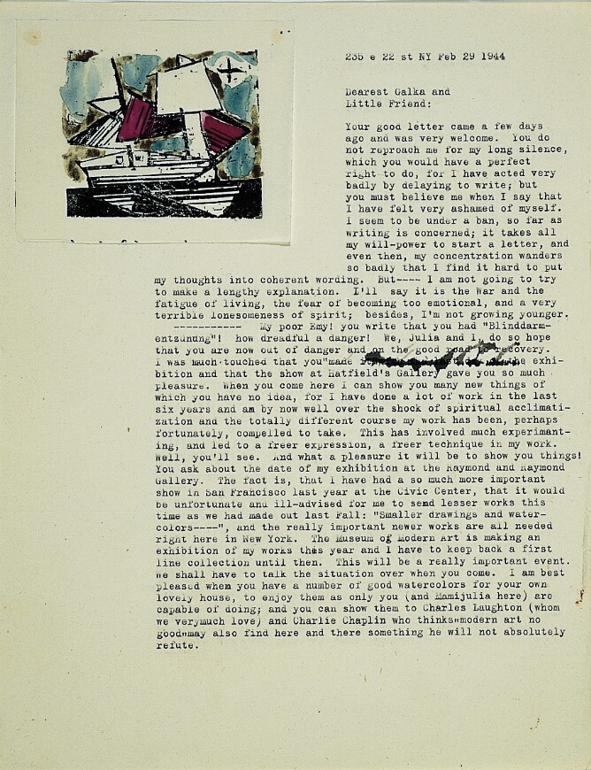 A typed letter with an abstract mixed media print pasted onto it in the top left corner, featuring a white two-masted ship with two pink sales against a blue and green sky with a black star