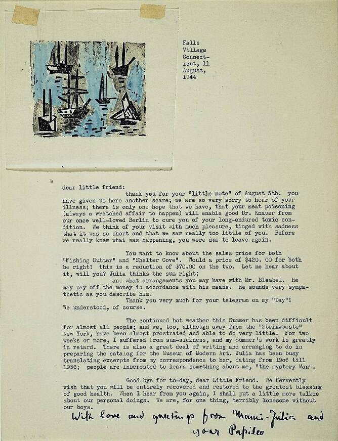 A typed letter with a handwritten closure. An abstract mixed media print is taped onto the top left corner, featuring five boats and a buoy with washes of blue