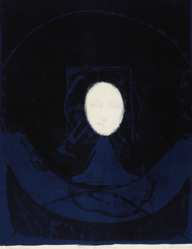 An abstract print of a white oval with barely visible facial features above a dark blue triangular and U-shaped form against a black background