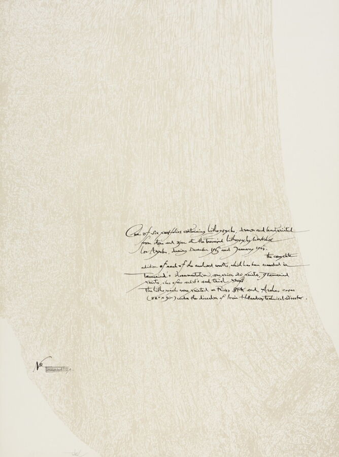 A print showing small handwritten text in the lower middle right against a white and light tan textured background