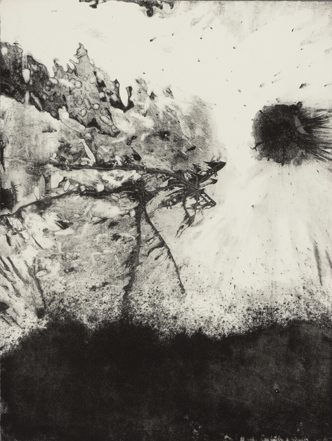 An abstract print of a black splotch against a white background with a gray textured wash to the viewer's left. Below, a dense area of black with small splatters at the bottom