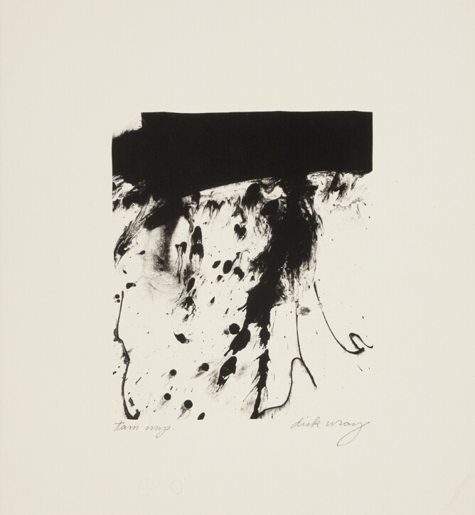 An abstract print of a black rectangle with black blotches and drips underneath
