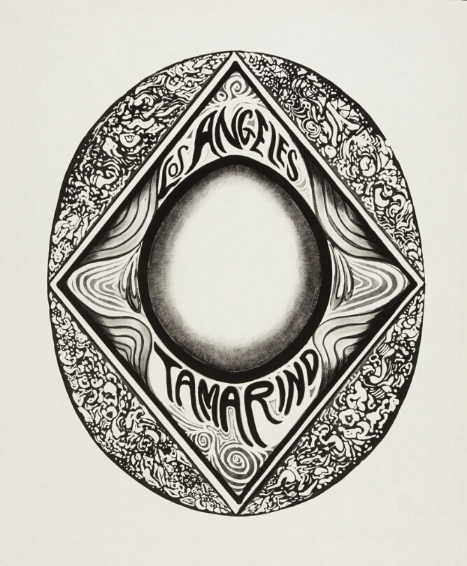 A black and white abstract print of an egg shape within a diamond, all within a patterned oval. Stylized text above the egg shape reads LOS ANGELES and TAMARIND at the bottom