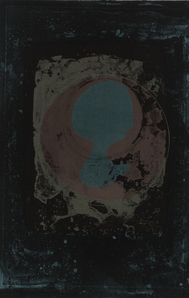 An abstract print of a dull blue-ish green organic shape over a muted red circle atop a beige square-ish shape against a black background
