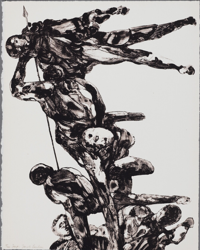 A black and white abstract print of figures stacked horizontally and vertically, connected to a spear to the viewer's left