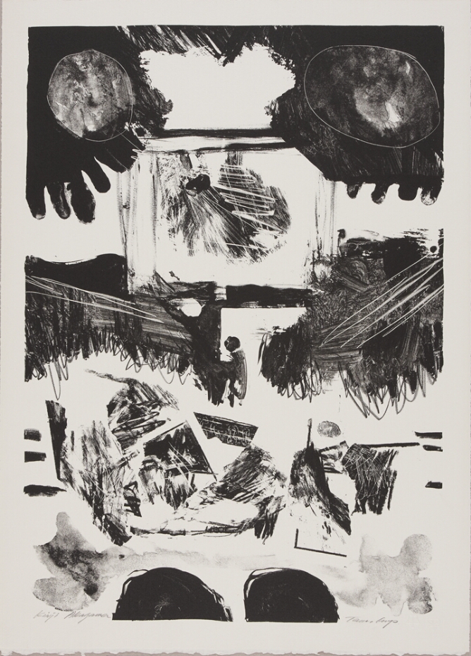 A black and white abstract print of a figure by an upright form surrounded by scribbled, organic and jagged shapes
