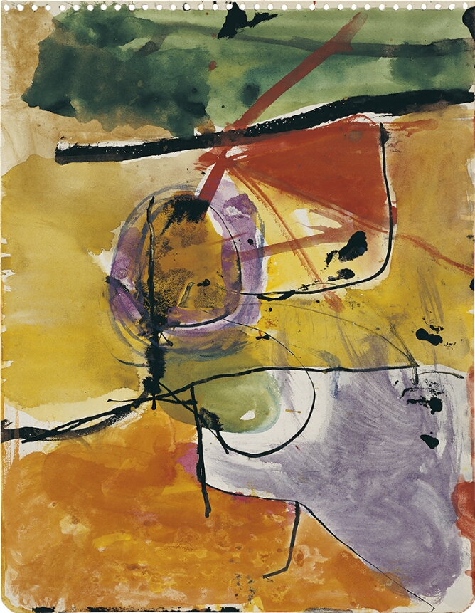 A mixed media, abstract drawing with expressive black lines and splotches layered over washes of green, yellow, orange, red and purple