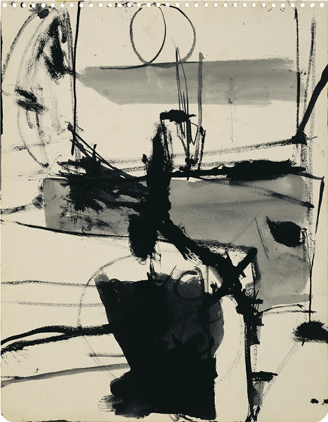 A black and white drawing of aggressive black lines and marks over areas of empty space and washes of gray