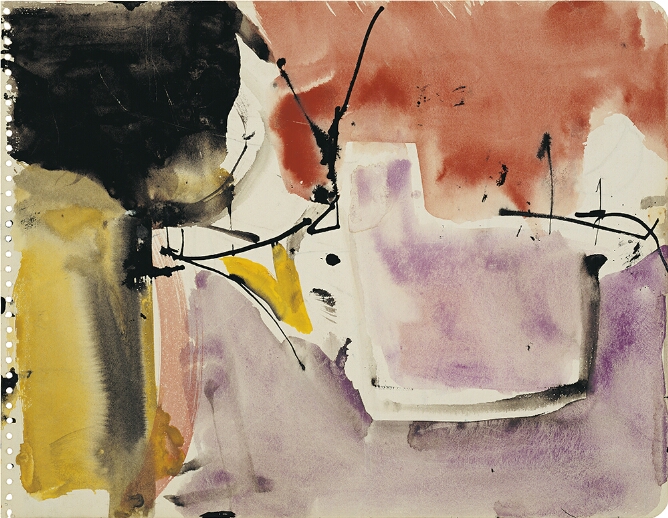 A mixed media, abstract drawing of thin, expressive black lines and splotches over and next to washes of red, purple, black and yellow