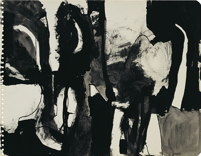 A dynamic, abstract drawing of meandering thick and thin black lines and washes covering a page, leaving areas of empty space