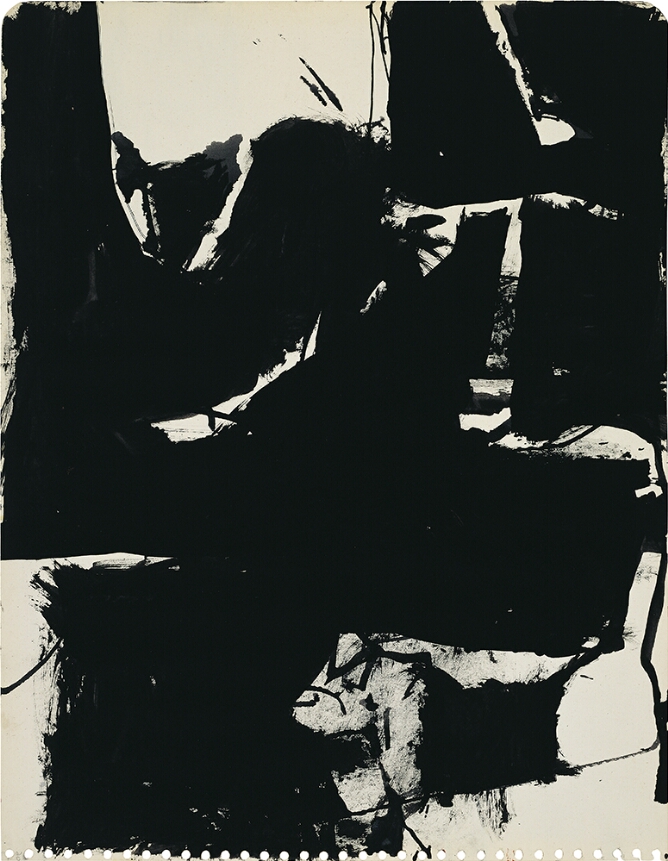 A dynamic, abstract drawing of broad areas of black covering the page, intertwined with thin lines and areas of empty space
