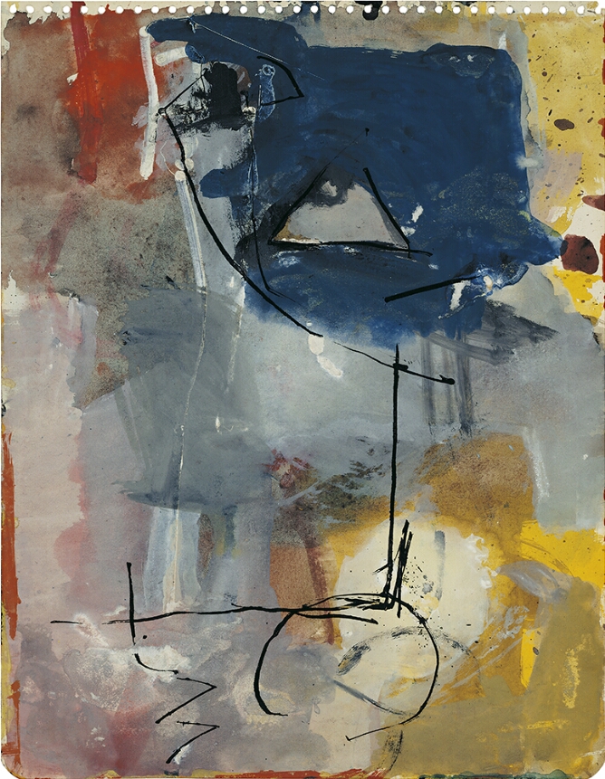 A mixed media, abstract drawing of cool hues of blues and grays layered over washes of yellow and red, with thin black lines