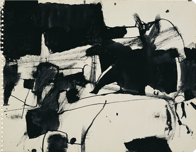 A dynamic, abstract drawing of black washes and dry brush marks over meandering thin black lines