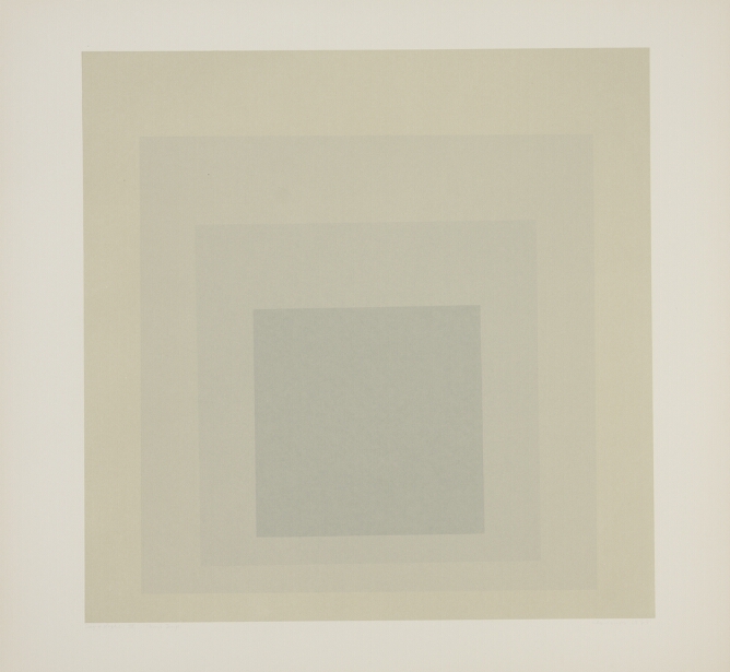 An abstract print of nested squares in shades of gray, transitioning from a lighter gray on the outer square to a medium gray at the center