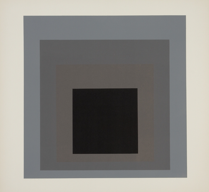 An abstract print of nested squares transitioning from gray on the outer square, to dark gray, to brownish gray and then to black at the center