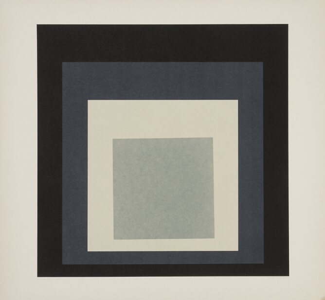 An abstract print of nested squares transitioning from black on the outer square, to dark gray, to white and then to light gray at the center