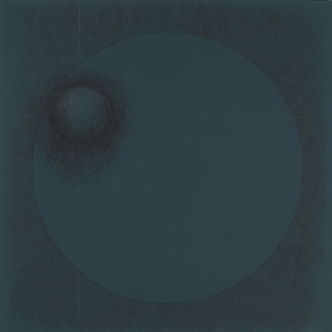 An abstract print of a large dark teal or greenish-blue circle with a small dark teal shaded sphere in the upper left corner, against a darker teal background