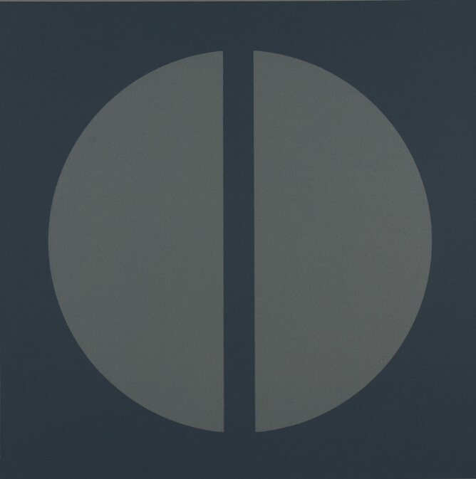 An abstract print of a gray circle divided in half vertically, the middle space revealing a strip of the dark teal or greenish-blue background