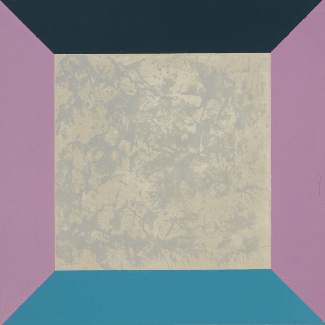 An abstract print showing an illusion of a cube's interior with a textured light gray square in the back, black on top, bright blue at the bottom and lavender or light purple on the sides