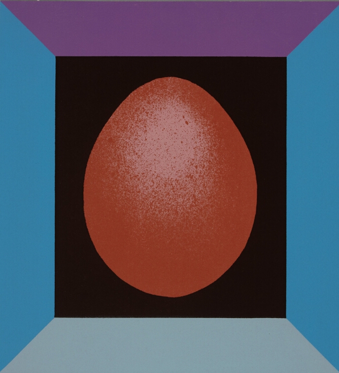An abstract print showing an illusion of a cube's interior with a textured red egg shape against a black square in the back, purple on top, greenish-gray at the bottom and bright blue on the sides
