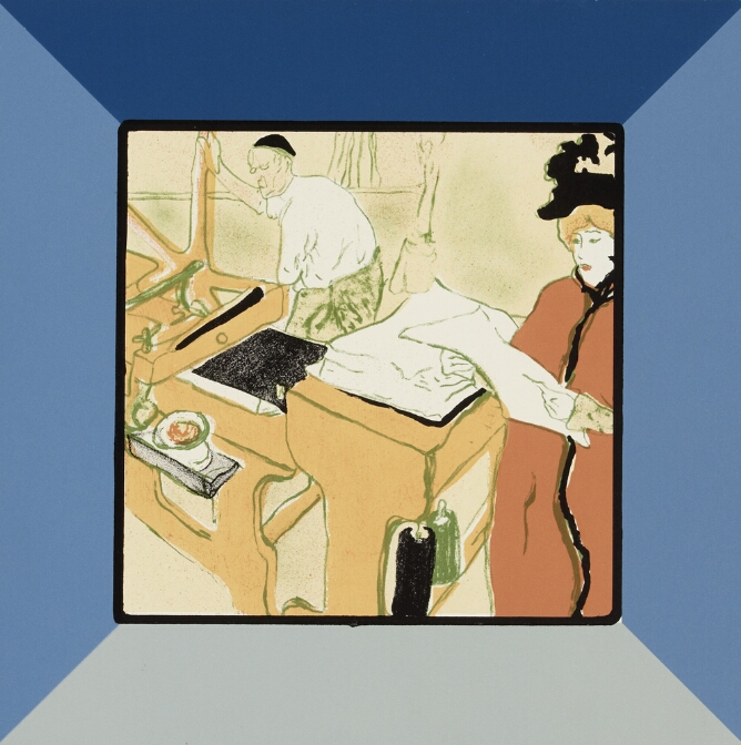 An abstract print showing an illusion of a cube's interior with a standing woman holding a paper, while a man works a printing press as the back square, blue on top, gray at the bottom and light blue on the sides