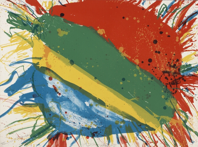 An abstract print of a circular shape with sections of red, green, yellow and blue with short lines and splatters radiating outward in the same colors