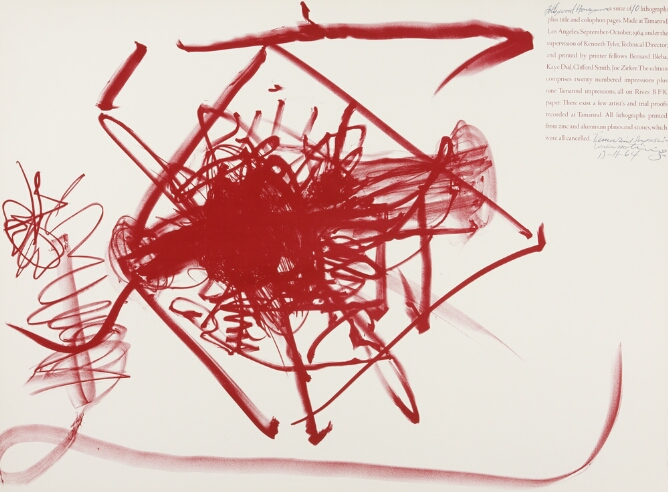 An abstract print of scribbles within an outline of a tilted square with a block of tiny text in the upper right corner, all in red