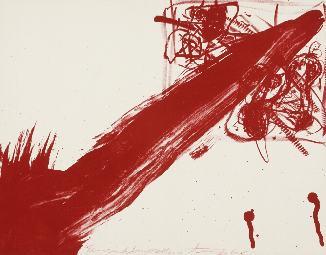 An expressive abstract print of a thick streak of red stretching diagonally across the composition from red scribbles in the upper right corner